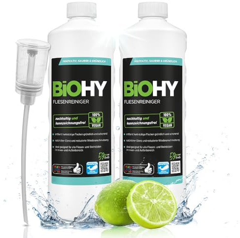 BiOHY Fliesenreiniger (2x1l Flasche) + Dosierer | speziell entwickelt für Stein- & Fliesenböden | hinterlässt eine schmutzabweisende Glanzschicht | entfernt jegliche Art von Schmutz mühelos