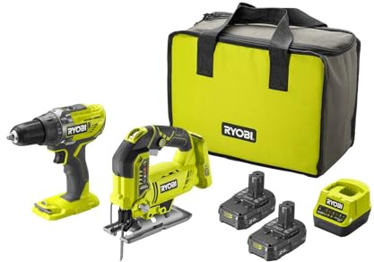 Ryobi Kombi Kit Bohrschrauber und Stichsäge Set R18DDJS-220A 18V ONE+ System Mit Ladegerät, 2 x 2Ah Akku, Sägeblatt und Werkzeugtasche - Komplettset 5133003575, R18DDJS-220S