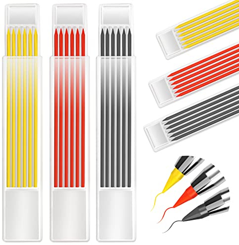 Tischler Bleistift Ersatzminen, 18 Stk Einfarbige Bleistiftminen, Bleistift Minen für Tischler Markierstifte, 2,8 mm Tiefes Loch Mechanischer Bleistift Ersatz für Architekt Zeichnen (Gelb Rot Schwarz)