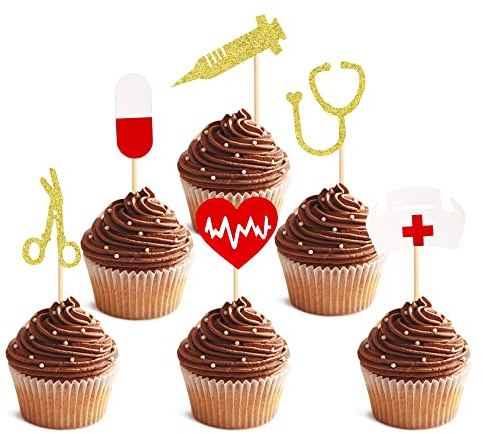 Blumomon 24 Stück glitzernde Cupcake-Topper, Krankenschwester-Abschluss, Kuchendekoration, Dekorationen für medizinische Rn Themen, Geburtstagsparty, Kuchendekoration, Zubehör