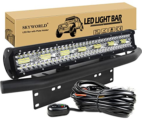 SKYWORLD 50.8 cm 420W LED Arbeitsscheinwerfer Bar 12V 24V Spot-Flood-Kombistrahl Zusatzscheinwerfer LED-Lichtleiste mit schwarzer Kennzeichenhalterung Kabelbaum-Kit für LKW PKW ATV SUV 4x4 LKW Coche | Dreireihige Spot Flood Led Lichtleiste Zusatzscheinwerfer Bar, 12V Kabelbaum Kit für Auto Offroad LKW PKW ATV SUV 4x4