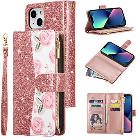 UEEBAI Wallet Case for iPhone 13 6.1, Glitter PU Leather Magnetic Handbag Zipper Pocket Case Kickstand Card Slots with Wrist Strap TPU Shockproof Flip Cover - Bling Rose Gold