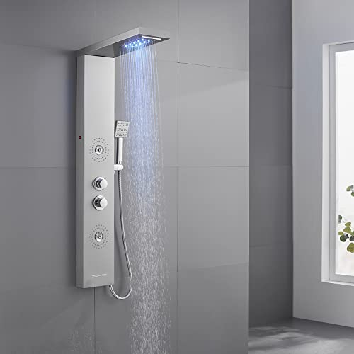 Duschpaneel mit Armatur, OUGOO 5 in 1 LED Duschpaneele Komplett mit Wasserfall & Regendusche, Massagedüsen, Handbrause und Wanneneinlauf, 304 Edelstahl Gebürstet