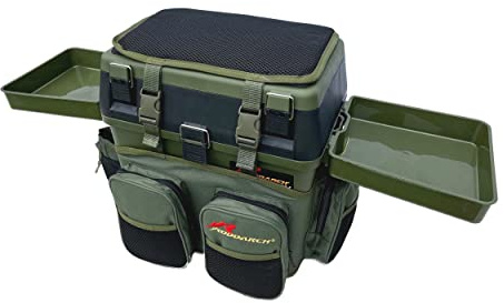 Roddarch Tough Box Fishing Station: 18L Seat Case with Dual Side Trays and 600D Backpack