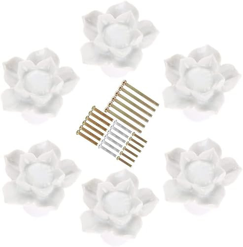 6 Pomoli in ceramica a forma di fiore per armadietti, pomelli per mobili per bambini, pomelli per armadio, maniglie per mobili, Pomelli Cucina con 4 Dimensioni Vite (Bianco)