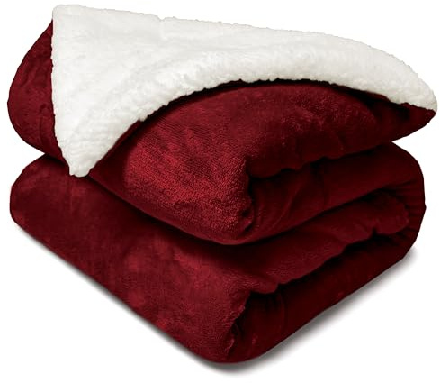 DALINA TEXTIL S.L Manta de Franela y Borreguito Suave 130x160 cm | Gruesa para Sofá Cama Invierno | Reversible y Abrigada | Rojo Tinto