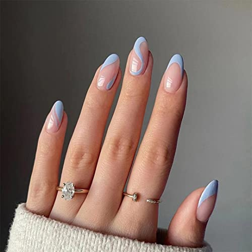 Sethexy Wavy Line False Nails French Oval Abstract Press on Nails Blue Fake Nails 24Pcs Art Acrylic Stick on Nail Tips