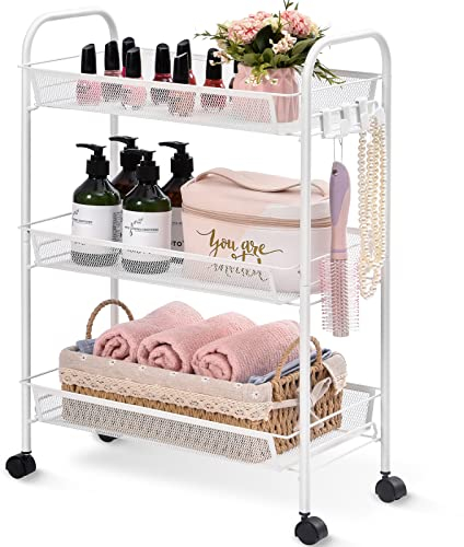 APEXCHASER 3-Tier Rolling Cart,Easy Assemble Mobile Storage Trolley On Wheels,Slide Out Utility Cart Shelving Units Kitchen Bathroom Laundry Room,White