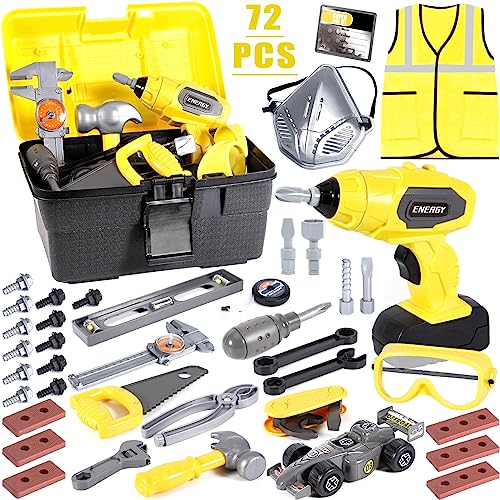 NCKIHRKK 72 Pièces Boite a Outils pour Enfant 3 Ans+, Construction et Accessoires, Etablie Bricolage, Caisse avec Perceuse Électrique