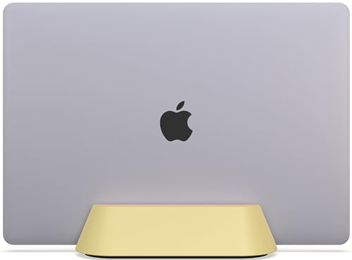 KUSOVILI Vertical Laptop Stand for Desk, Adjustable Vertical Laptop Holder, Natural Wood and Soft Yellow Leather Desktop Dock for Apple MacBook Pro, Lenovo, Dell and More (0.4-1.5)