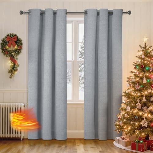 Ystyle Tende Oscuranti 100% Per Interni 2 Pezzi, 140x160cm, Effetto Lino Termiche Isolanti Freddo E Caldo Anti-Rumore, Tende Natalizie Soggiorno Camera Letto Moderne Con Anelli, Grigio Chiaro