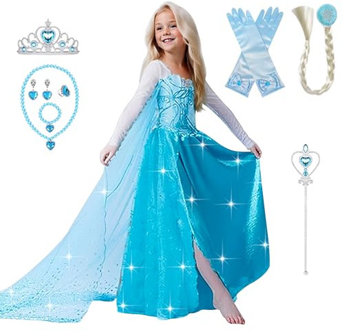 ERMWALR Mädchen Prinzessin Dress Up für Mädchen mit Kronen-Halsketten-Sets, Kostüm-Outfit-Kostüme, langer Rock für Halloween, Karneval, Party, Geburtstag, Cosplay, Festzug (5-6 Alter)