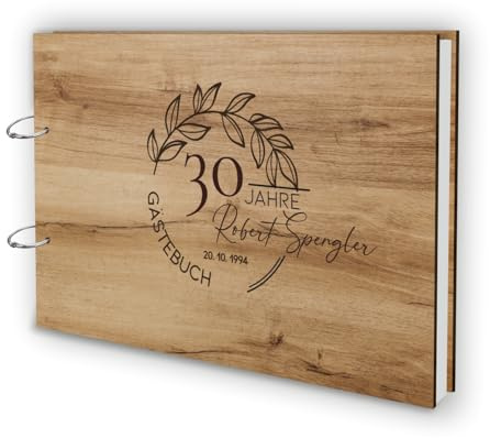 Manschin-Laserdesign Holz Gästebuch Runder Geburtstag Echtholz mit individueller Lasergravur | 50 Blätter (100 Seiten) | DIN A4 | - Gästebuch für jeden Anlass
