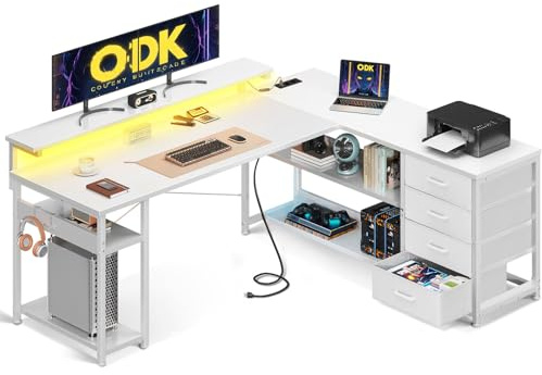 ODK Skrivbord med Lådor, Reversibelt Hörnskrivbord med 2 Vägguttag & 2 USB-portar, L-format Kontorsbord med LED för Hemmakontor (Vit, 155x110cm)