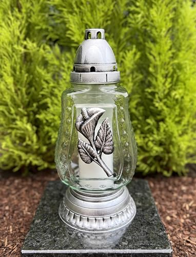 Grablampe mit einem Blumen Motiv Grablicht Grableuchte Grablaterne 27,5 H. cm inkl. 1 x Kerze Gratis NEU