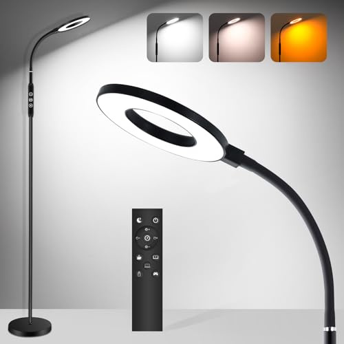 IEGLED Lampade da Terra, Piantana da Terra LED con Telecomando e Controllo Tattile, Lampada da Salotto Dimmerabile con Collo d'oca per Soggiorno, 3 di Colore e Timer 1H, Nero