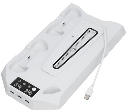 für PS5 Slim Ständer mit Dual-Controller-Ladestation, 3 USB-Hub, Verstellbarem Lüfter, Kühlerzubehör für PS5 Slim (White)