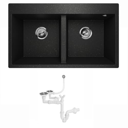 Lavello Elle 2.0 Évier de cuisine en granit double évier encastrable avec siphon Noir doré