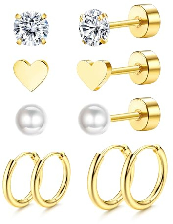 Dochais 5 par titan örhänge set, 14K guld kreoler små, 20 g allergivänliga örhängen guld, AAAAA zirkonia hjärta pärlor örhängen för kvinnor män, brosk huggie Hoop (gyllene, silver, svart), 8