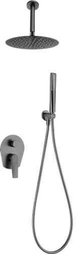 Imex Unterputz Duschsäule ohne Wasserhahn | Duschset mit Handbrause und Schlauch | Mischbatterie mit Regenbrause | Durchflussmenge 12 l/min | Serie Stop | Farbe Black Gun Metal