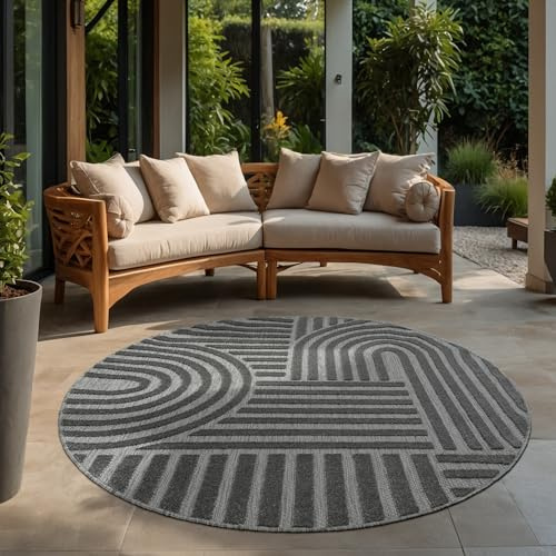 SANAT Berlin Outdoor Teppich Wetterfest - Teppich für den Innen- und Außenbereich - Balkon Teppich Wasserabweisend - Teppiche für Terrasse, Garten, Küche, Bad oder Wohnzimmer - Grau, 150 cm Rund