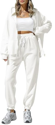 Sovoyontee Damen Trainingsanzug Zip Up Hoodie Sweatsuits 2-teilige Jogger Sets mit Taschen Weiß L