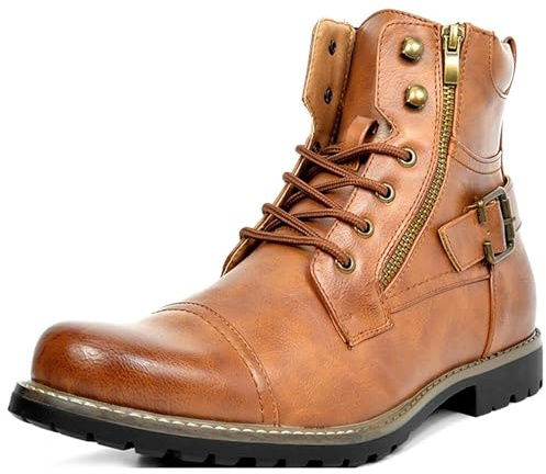 ANUFER Hombre Vendimia Cap Toe Botas de Motociclista Cordones Cremallera Doble Moda Botines Marrón SD5A40601 EU43