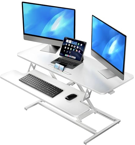 ERGOMAKER Höhenverstellbarer Schreibtischaufsatz 101x40 für Homeoffice&Büro | Stehpult mit Tastaturablage für Bildschirme & Laptop,Sitz-Steh-Wechsel fördert Gesundheit,Leichte Höhenverstellung,15 kg