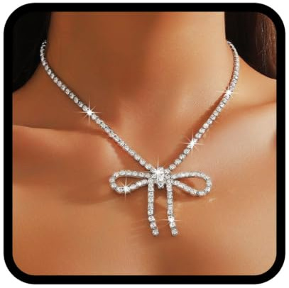 Handcess Strass Schleife Halskette Silber Glitzer Halskette Schmuck für Damen