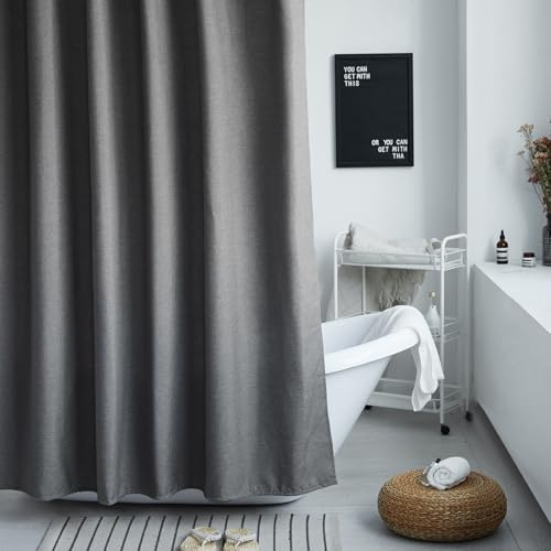 Votoko Duschvorhang 180x200, Badewanne Vorhang Textil Stoff Kunstleinen Wasserabweisend Waschbar Badevorhang mit 12 Duschvorhangringe, Vorhang für Badewanne Dusche (Grau)