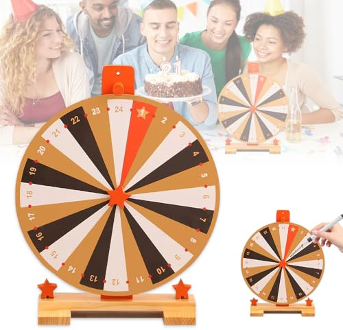 WDKXCN 37 cm Glücksrad zum Drehen, Glücksrad Holz, 24 Slots, Glücksrads zum Selbstgestalten mit Löschbaren Stift, Gluecksrad Gluecksrads für Karnevalspartys Wortspiele, Halloween, Weihnachten