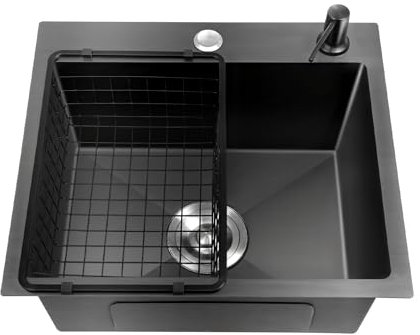 Lavello da cucina nero, 45 x 40 cm, lavello da cucina in acciaio inox, lavello da incasso in acciaio inox, 1 lavandino da cucina, lavabo da cucina con dispenser di sapone, piccolo lavello da incasso