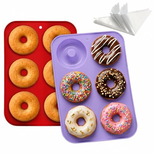 Molde para Donuts 2Pcs Antiadherente ideal para Reposteria, Galletas, Magdalenas | Moldes Silicona Donuts Violeta y Rojo | Incluye 15 Mangas Pasteleras | Compatible en Horno, Air Fryer, Lavavajillas