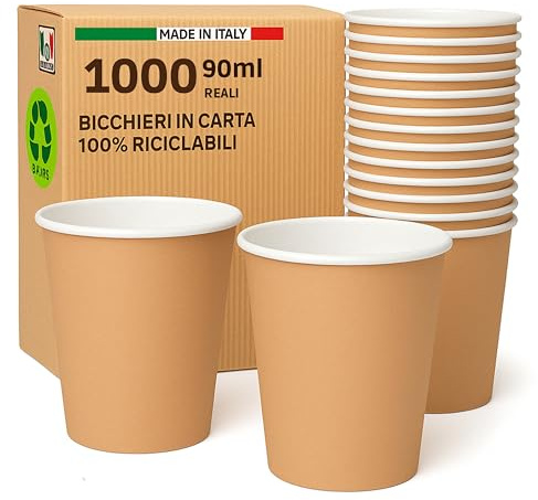 ecodrinks - 1000 Bicchieri Caffe Carta Da 90ml - Set Bicchierini Monouso per Bevande Calde/Fredde - Biodegradabili, Eco-friendly e Made in Italy, Avana