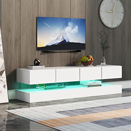 Merax Mueble bajo para TV, alto brillo con iluminación LED, moderno para colgar TV y armario, mueble de TV con cajones, mueble para TV de 55 pulgadas, control por aplicación, color blanco