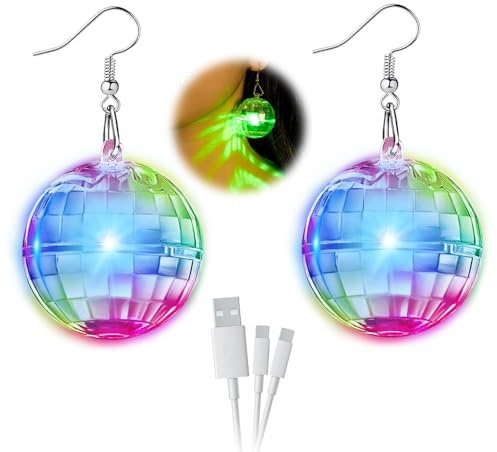 YANGUN LED Ohrringe, Disco Ball Ohrringe, Licht Projektion LichtOhrringe, 16 verschiedene Farbmodi, Disco Ball Earrings für Wiederaufladbare, 60er 80er 70erJahre