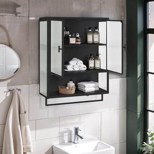Armadio moderno da cucina con 2 ante in vetro, in metallo e vetro, da appendere, armadietto medico, con spazio aperto e portasciugamani per cucina, bagno, 60 x 23 x 78 cm (nero)