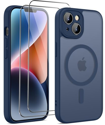 HGH für iPhone 14 Hülle für MagSafe mit 2 Schutzglas, Blau | Vollständiger Kameraschutz Stoßfest Kratzfest Anti-Fingerabdruck Transluzente Rückseite Matt Handyhülle für iPhone 14