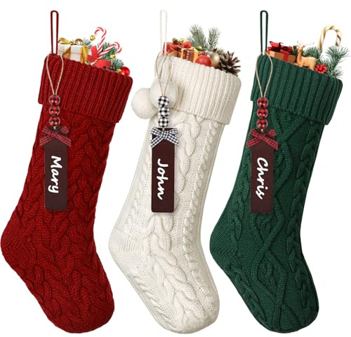 ASTNIC 3 Stück Weihnachtsstrumpf Personalisiert, 46cm Große Nikolausstrumpf mit Namen, Weihnachtssocken, Gestrickte Christmas Stockings Nikolaus Socken zum Aufhängen Weihnachtsdeko für Weihnachtsbaum
