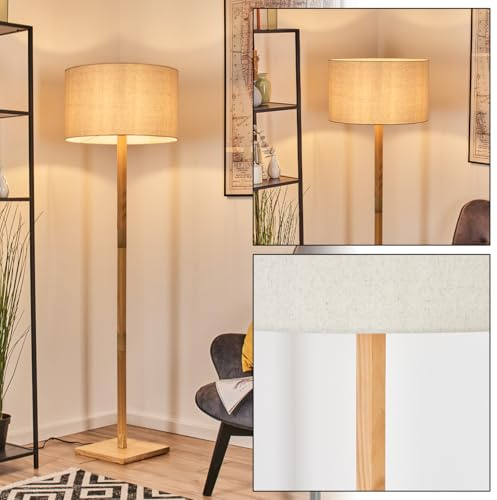 HOFSTEIN Stehleuchte Flemming, Stehlampe aus Holz im modernen Boho-Design, Schirm aus Stoff, Ø 50 cm, 170 cm, E27, mit Fußschalter - Wohnzimmer, Schlafzimmer, Esszimmer, Flur