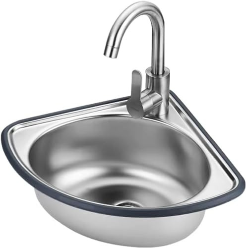 Évier d'angle en acier inoxydable avec égouttoir et robinet – Support mural peu encombrant pour salle de bain, buanderie, garage, utilitaire et cuisine de restaurant