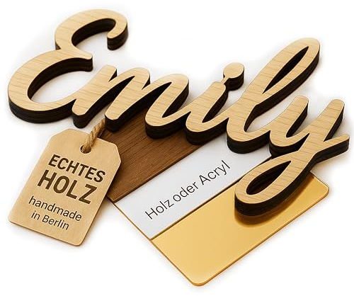 TIEFENWERK® Individueller Schriftzug Holz & Acrylglas - optional 3D-Effekt mit Konturträger - Namensschild als Wanddeko, Türschild, Kinderzimmer, Hochzeit Tischdeko, Geschenk selbstklebend (ein Name)