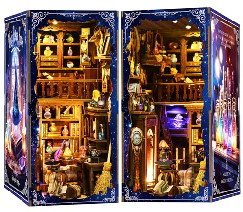 Teoryieer Kit Book Nook Boutique de Potion Magique avec Lumières, Puzzle 3D DIY Maquette en Bois Miniature à Construire, Serre-Livres Diorama Décoration Salon, Cadeau Enchanté et Mystérieux