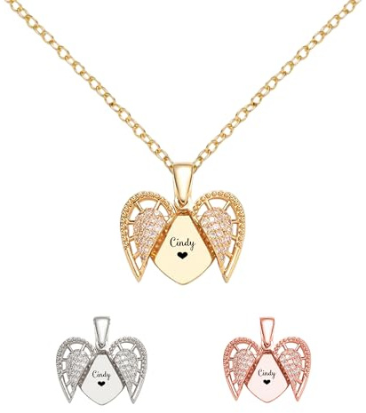 KWCLTH Collar con medallón en forma de corazón personalizado para mujer, collar con alas de ángel, colgante con nombre personalizado, joyas conmemorativas, regalos para mujer