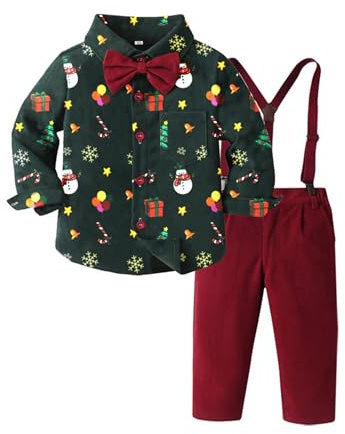 Yhong Bimbo Completini e Coordinati da Gentiluomo Camicia Fiocco e Pantaloni con Bretelle Completo Natalizio Elegante da Cerimonia Battesimo Natale Compleanno Tipo A 12-18 mesi