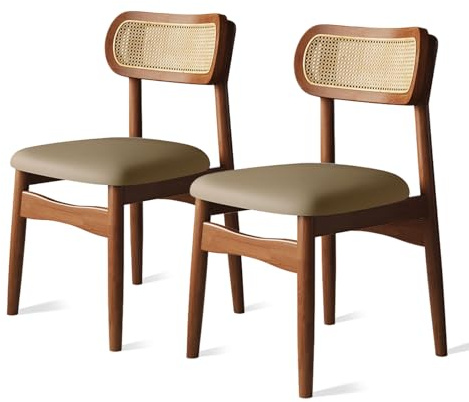 Rattan-Esszimmerstühle 2er Set Moderne Küchenstühle aus Leder mit Massivholzrahmen & hochdichtem Schwamm – Mitte des Jahrhunderts Modern für Küche Restaurant Wohnzimmer Büro – Walnuss Khaki