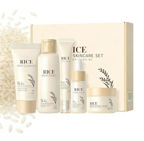 5 stycken ris hudvårdsset för tonårsflickor och kvinnor, med rengöringsmedel, toner, serum, ögonkräm & ansiktskräm, lugnande och fuktlåsande presenter för kvinnor