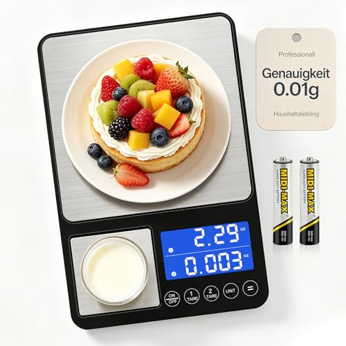 FONCOOD Digitale Küchenwaage mit 2 Plattformen | 15kg/1g & 500g/0.01g Präzisionswaage | 7 Mess-Einheiten, Auto-Off, LCD-Display | Ideal für Kochen, Backen, Schmuck (Batterien inkl.)