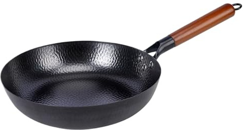 Generico Padella in Ferro Non Rivestito da 28 cm con Coperchio in Legno, Padelle Antiaderenti Forgiate a Mano per Cucinare, woks in Ferro Fatti a Mano per Friggere ad Alta Calore/Tutti i Fornelli