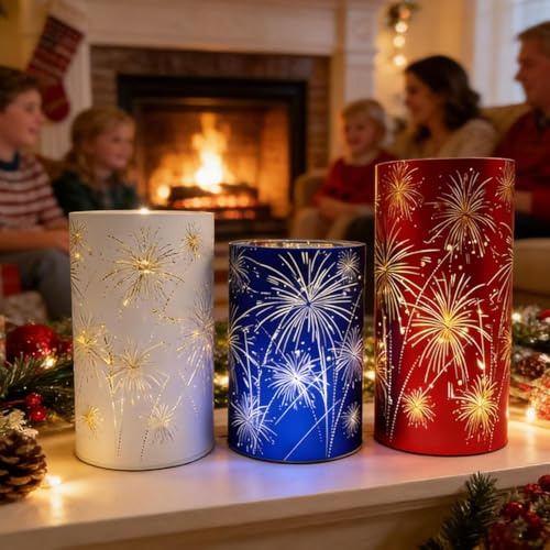 Set of 3 Celebration Hurricanes - Etched Firework Starburst Glass Pedestals with Warm White LED Lights, Twinkling Decorative Centerpiece for Mantel, Dining Table, Wedding & Holiday Décor (Red)